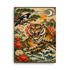 Korean tiger and magpie in fierce minhwa style canvas print on a plain backdrop in size 18"x24".