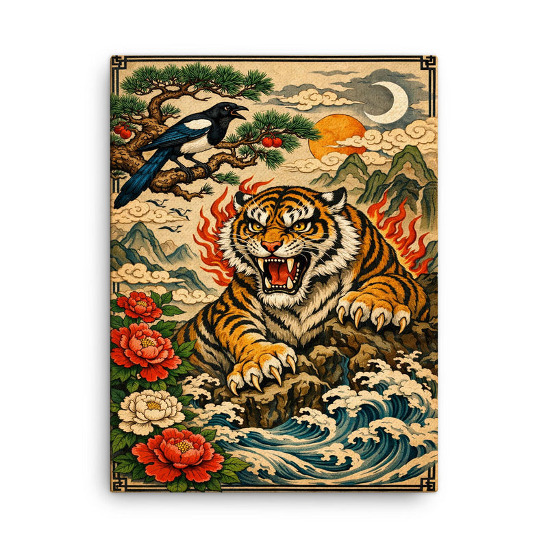 Korean tiger and magpie in fierce minhwa style canvas print on a plain backdrop in size 18