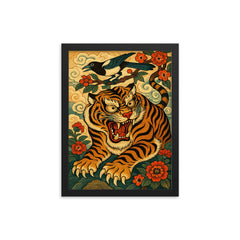 Korean tiger and magpie in fierce minhwa style framed print on a plain backdrop in size 12"x16".