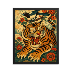 Korean tiger and magpie in fierce minhwa style framed print on a plain backdrop in size 16"x20".