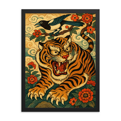 Korean tiger and magpie in fierce minhwa style framed print on a plain backdrop in size 18"x24".