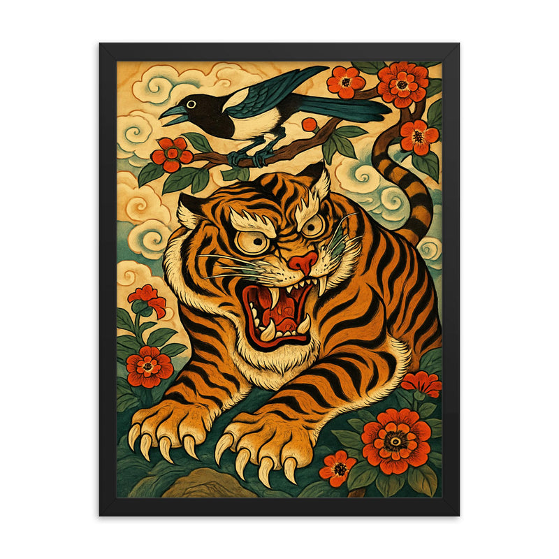Korean tiger and magpie in fierce minhwa style framed print on a plain backdrop in size 18