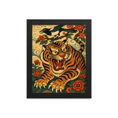 Korean tiger and magpie in fierce minhwa style framed print on a plain backdrop in size 8"x10".