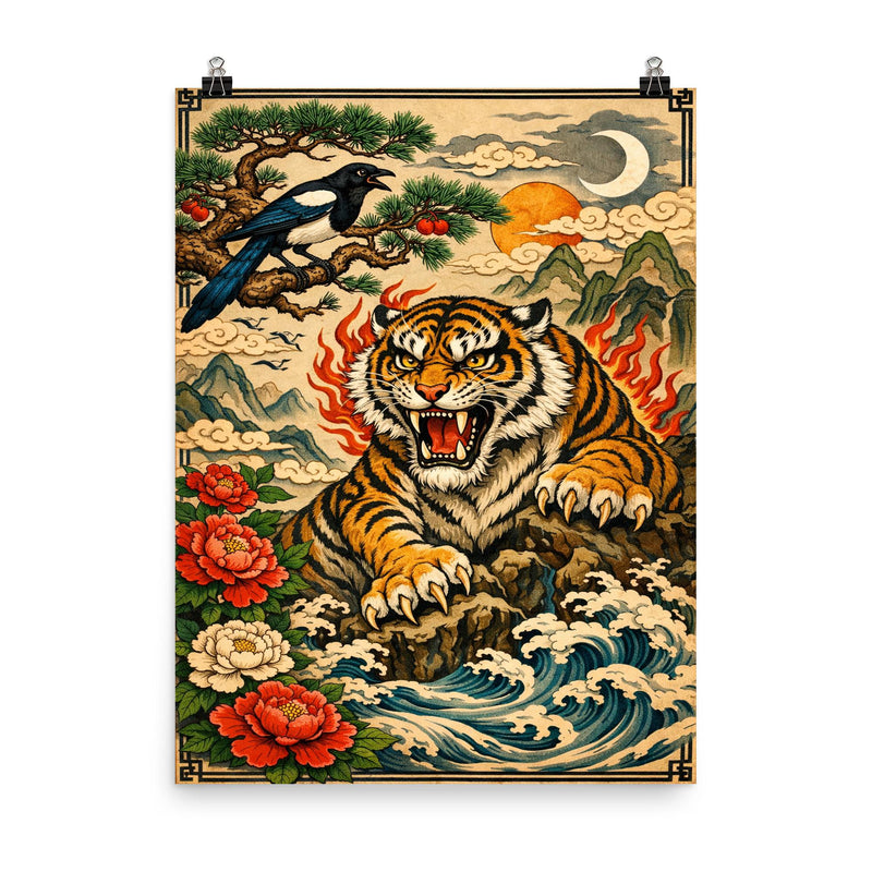 Korean tiger and magpie in fierce minhwa style poster on a plain backdrop in size 8