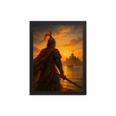 Koxinga at dawn facing Dutch fortress framed print on a plain backdrop in size 12"x16".