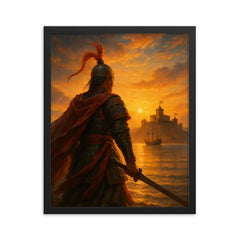 Koxinga at dawn facing Dutch fortress framed print on a plain backdrop in size 16"x20".