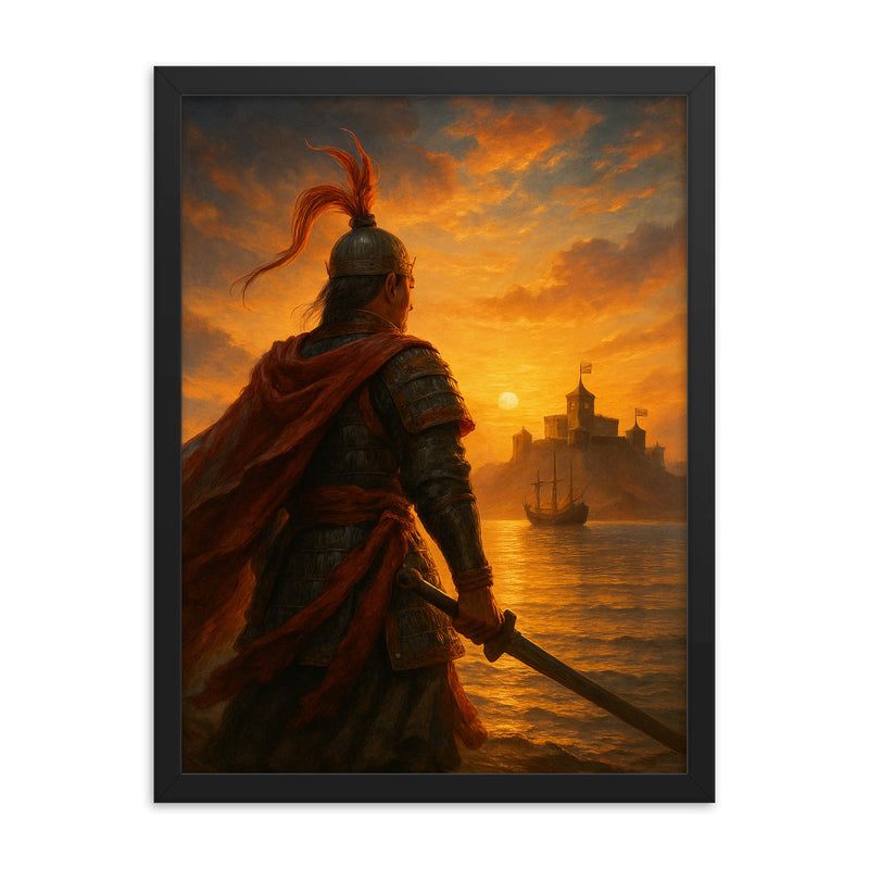 Koxinga at dawn facing Dutch fortress framed print on a plain backdrop in size 18