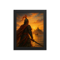Koxinga at dawn facing Dutch fortress framed print on a plain backdrop in size 8"x10".
