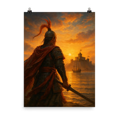 Koxinga at dawn facing Dutch fortress poster on a plain backdrop in size 8"x10".