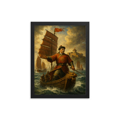 Koxinga at sea before Fort Zeelandia framed print on a plain backdrop in size 12"x16".