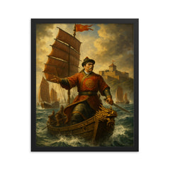 Koxinga at sea before Fort Zeelandia framed print on a plain backdrop in size 16"x20".