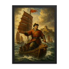 Koxinga at sea before Fort Zeelandia framed print on a plain backdrop in size 18"x24".