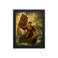 Koxinga at sea before Fort Zeelandia framed print on a plain backdrop in size 8"x10".