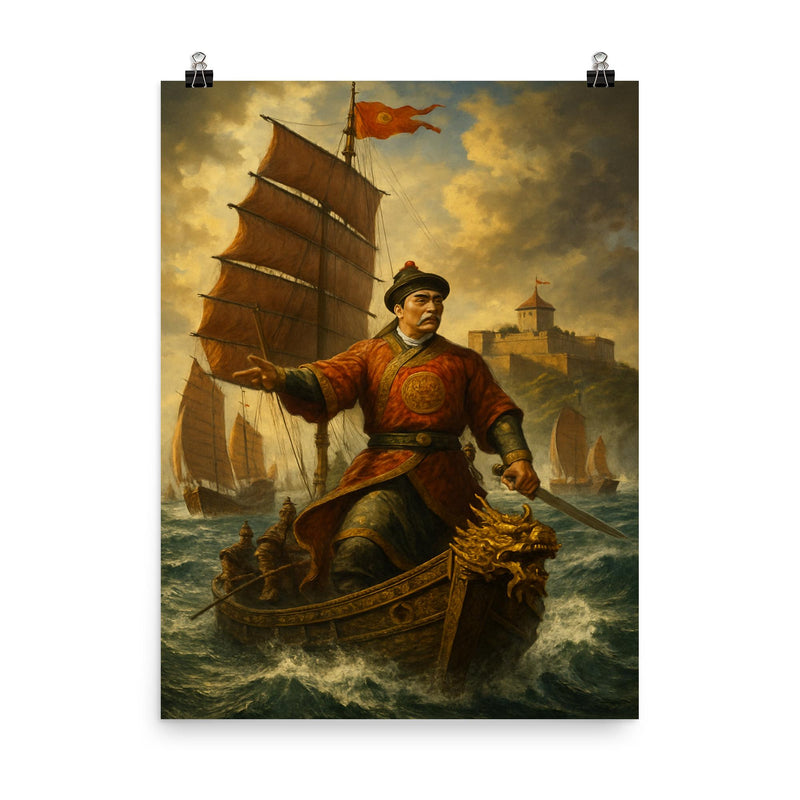 Koxinga at sea before Fort Zeelandia poster on a plain backdrop in size 8