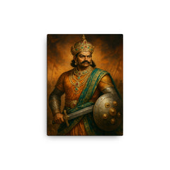 Krishnadevaraya in jeweled court and war steel canvas print on a plain backdrop in size 12"x16".