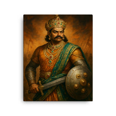Krishnadevaraya in jeweled court and war steel canvas print on a plain backdrop in size 16"x20".