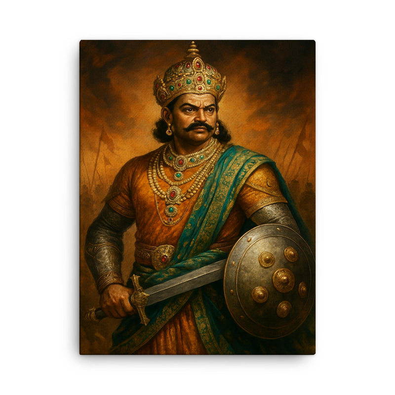 Krishnadevaraya in jeweled court and war steel canvas print on a plain backdrop in size 18