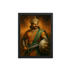 Krishnadevaraya in jeweled court and war steel framed print on a plain backdrop in size 12"x16".