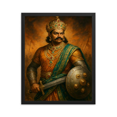 Krishnadevaraya in jeweled court and war steel framed print on a plain backdrop in size 16"x20".