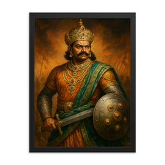 Krishnadevaraya in jeweled court and war steel framed print on a plain backdrop in size 18"x24".