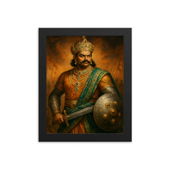 Krishnadevaraya in jeweled court and war steel framed print on a plain backdrop in size 8"x10".