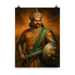 Krishnadevaraya in jeweled court and war steel poster on a plain backdrop in size 8"x10".