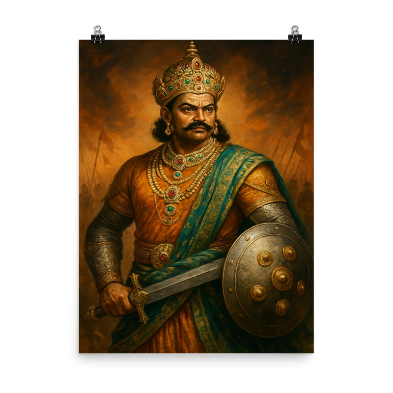 Krishnadevaraya in jeweled court and war steel poster on a plain backdrop in size 8