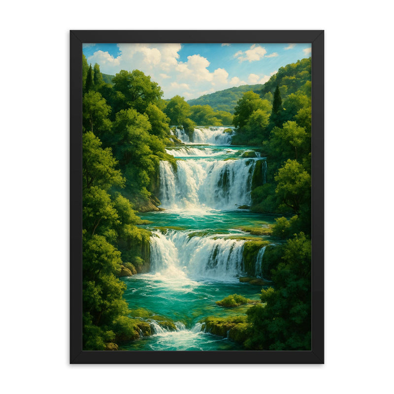 Krka Waterfalls Croatia framed print on a plain backdrop in size 18