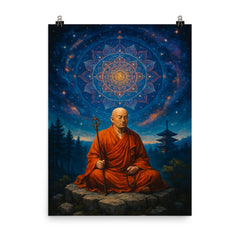 Kūkai on Mount Koya with cosmic mandala poster on a plain backdrop in size 8"x10".
