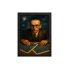 Kurt Gödel staring through star charts framed print on a plain backdrop in size 12"x16".