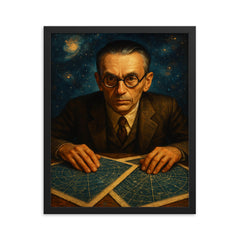 Kurt Gödel staring through star charts framed print on a plain backdrop in size 16"x20".