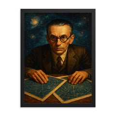 Kurt Gödel staring through star charts framed print on a plain backdrop in size 18"x24".