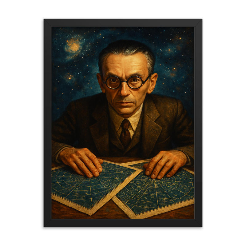 Kurt Gödel staring through star charts framed print on a plain backdrop in size 18