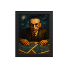Kurt Gödel staring through star charts framed print on a plain backdrop in size 8"x10".