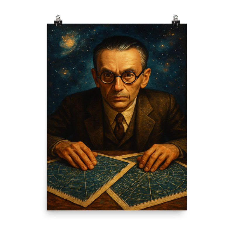 Kurt Gödel staring through star charts poster on a plain backdrop in size 8