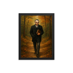 Kurt Gödel walking Princeton woods with notebook framed print on a plain backdrop in size 12"x16".