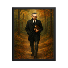 Kurt Gödel walking Princeton woods with notebook framed print on a plain backdrop in size 16"x20".