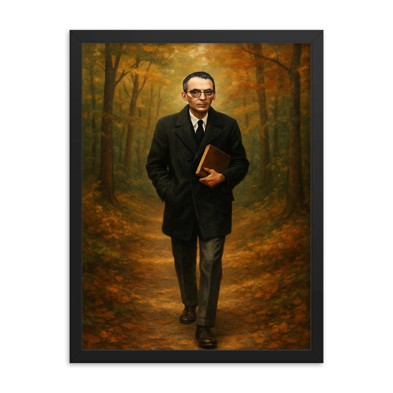 Kurt Gödel walking Princeton woods with notebook framed print on a plain backdrop in size 18