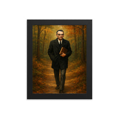 Kurt Gödel walking Princeton woods with notebook framed print on a plain backdrop in size 8"x10".