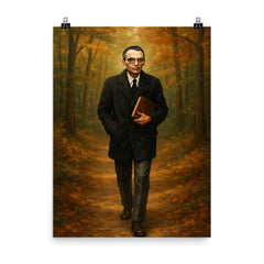 Kurt Gödel walking Princeton woods with notebook poster on a plain backdrop in size 8"x10".