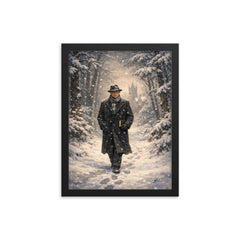Kurt Godel walking Princeton woods under snowfall framed print on a plain backdrop in size 12"x16".