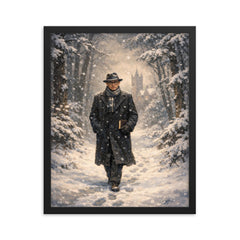 Kurt Godel walking Princeton woods under snowfall framed print on a plain backdrop in size 16"x20".