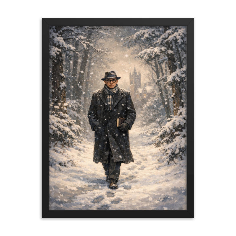 Kurt Godel walking Princeton woods under snowfall framed print on a plain backdrop in size 18