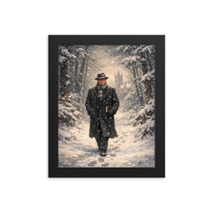 Kurt Godel walking Princeton woods under snowfall framed print on a plain backdrop in size 8"x10".