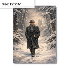 Kurt Godel walking Princeton woods under snowfall metal print on a plain backdrop in size 12"x16".