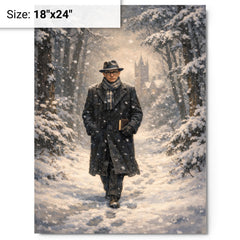 Kurt Godel walking Princeton woods under snowfall metal print on a plain backdrop in size 18"x24".