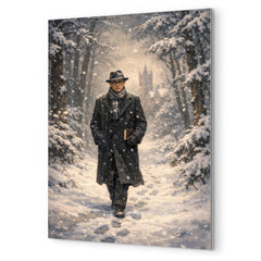 Kurt Godel walking Princeton woods under snowfall metal print mockup