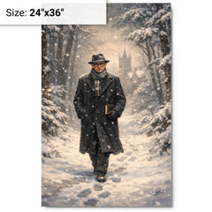 Kurt Godel walking Princeton woods under snowfall metal print on a plain backdrop in size 24"x36".