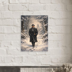 Kurt Godel walking Princeton woods under snowfall metal print mockup