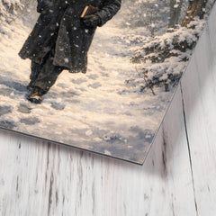 Kurt Godel walking Princeton woods under snowfall metal print mockup